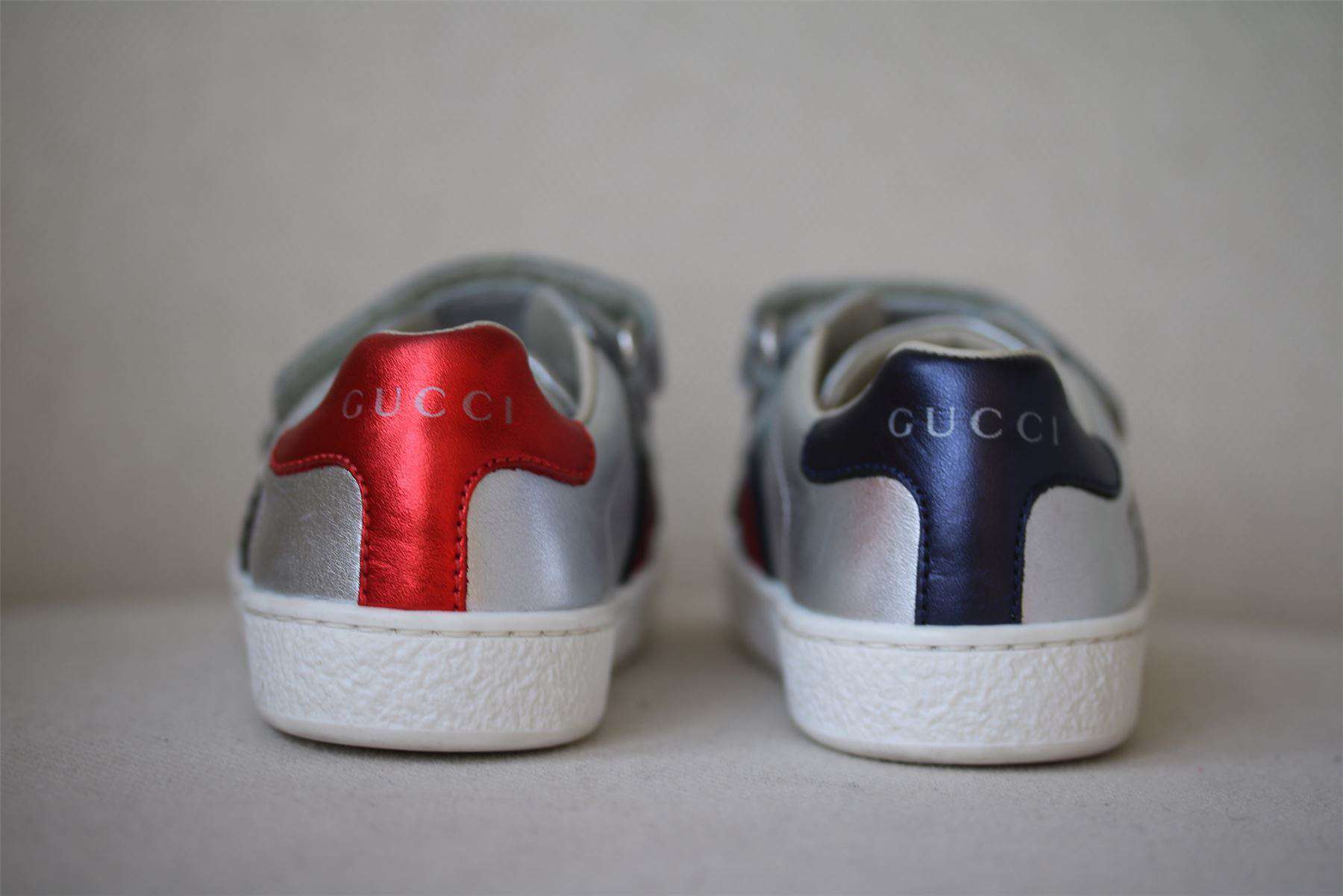GUCCI BABY SILVER WEB LEATHER TRAINERS EU 23 UK 6 - Image 3