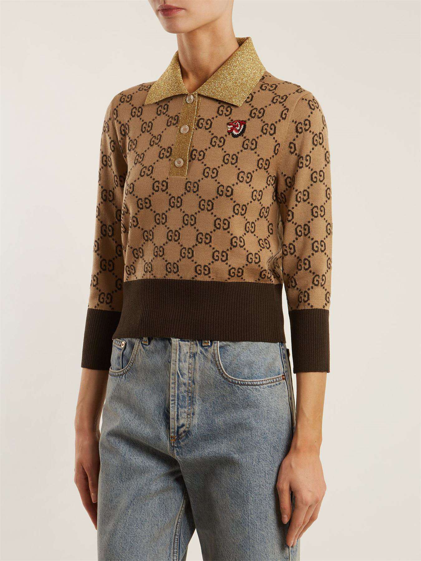 GUCCI CONTRAST-COLLAR GG-JACQUARD WOOL SWEATER SMALL - Image 2