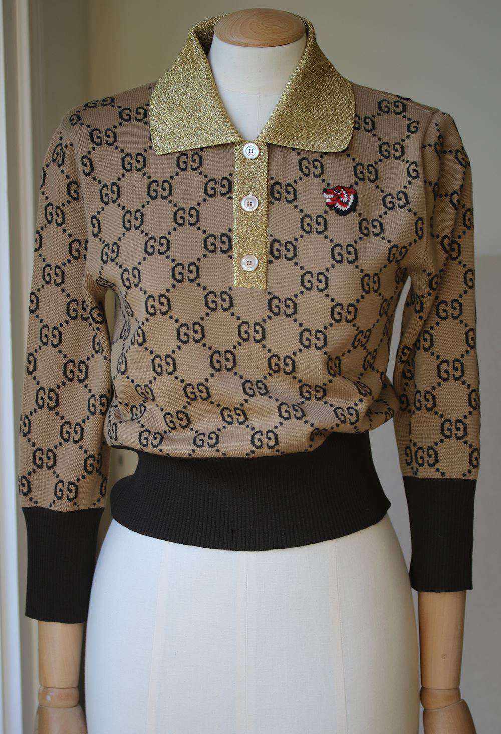 GUCCI CONTRAST-COLLAR GG-JACQUARD WOOL SWEATER SMALL - Image 4