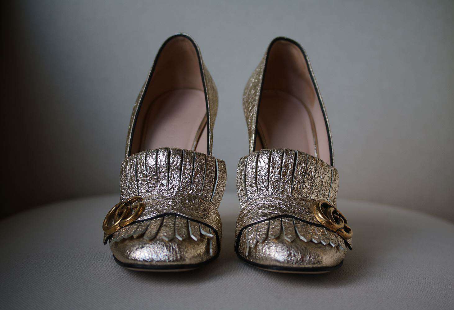 GUCCI MARMONT FRINGED LOGO METALLIC CRACKED LEATHER PUMPS EU 38 UK 5 US 8 - Image 3
