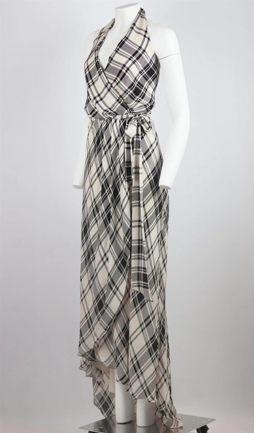 HAUTE HIPPIE WRAP EFFECT PLAID SILK HALTERNECK MAXI DRESS MEDIUM - Image 4