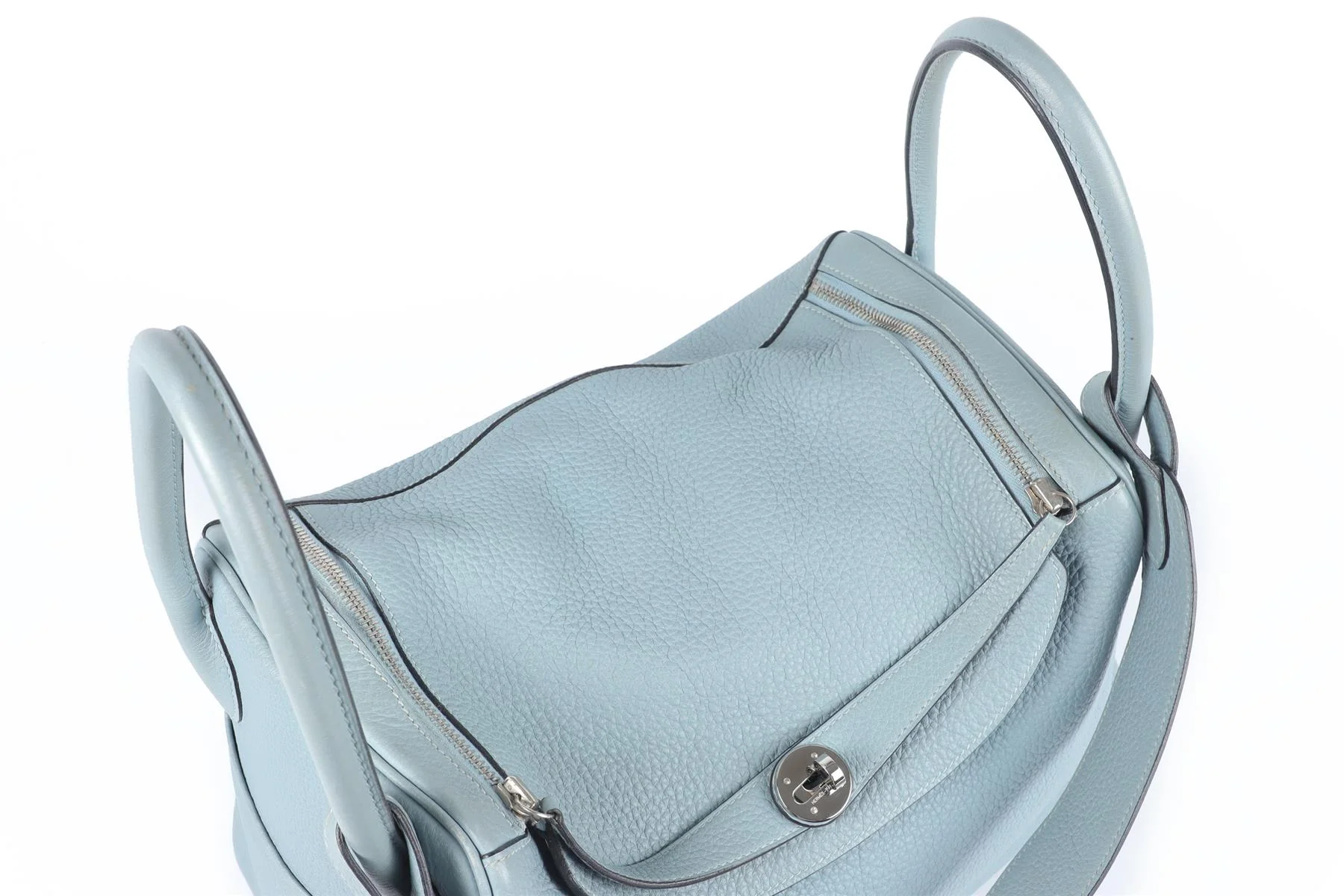 HERMÈS BLUE 2009 LINDY 34CM CLEMENCE LEATHER BAG IN BLUE CIEL - Image 9