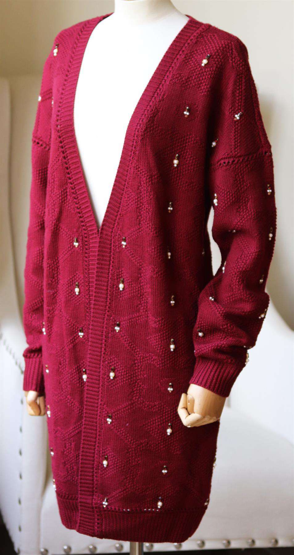 JONATHAN SIMKHAI POINTELLE TRIMMED EMBELLISHED WOOL CARDIGAN SMALL - Image 3