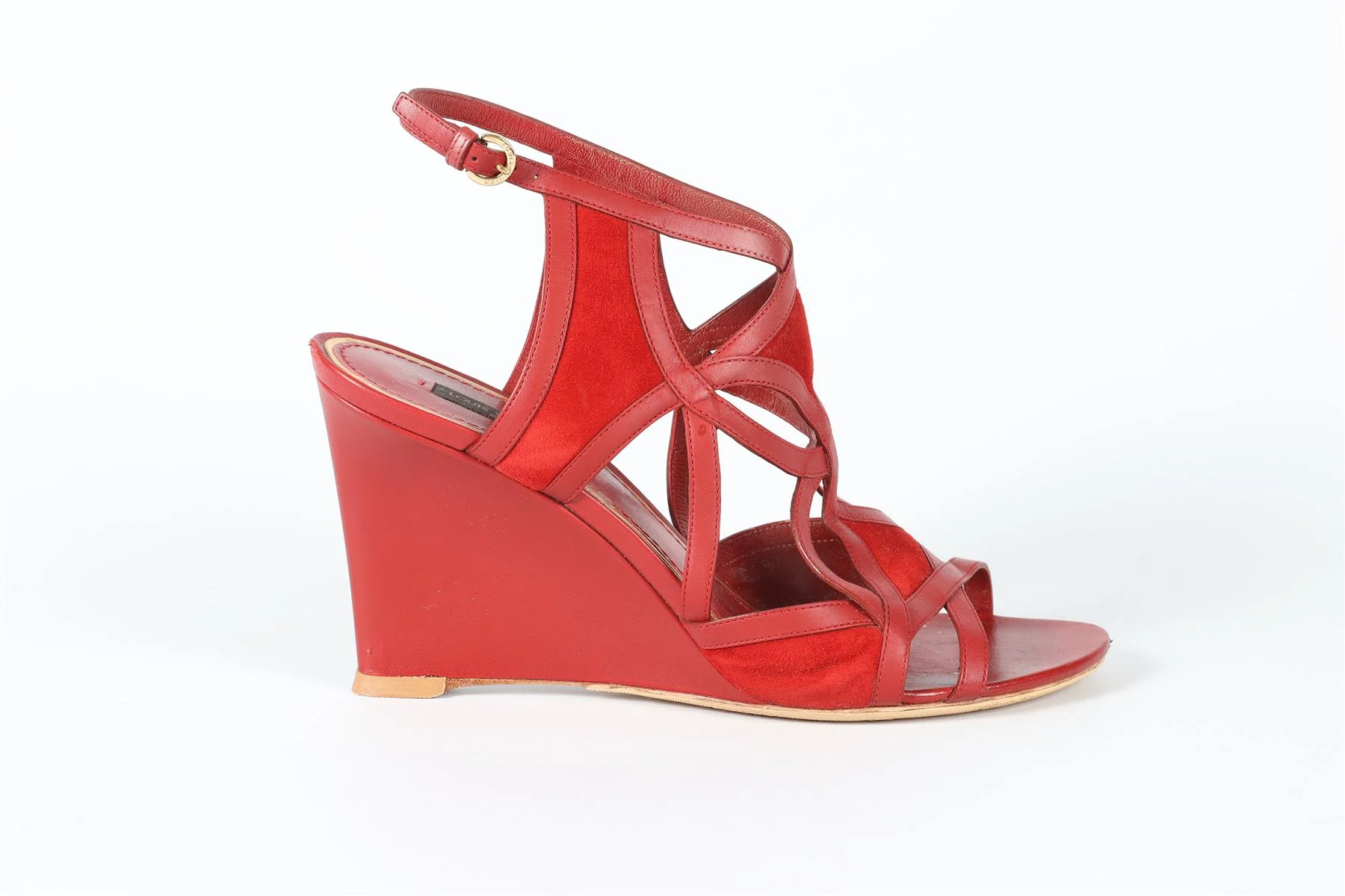 LOUIS VUITTON RED LEATHER AND SUEDE WEDGE SANDALS EU 39 UK 6 US 9 - Image 2