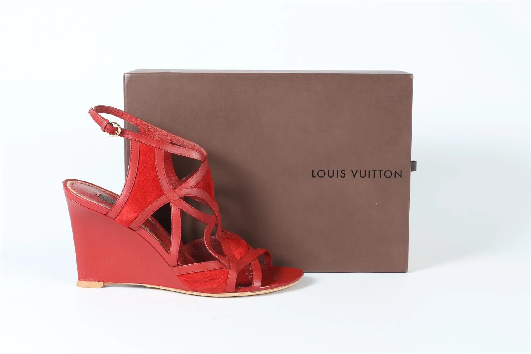 LOUIS VUITTON RED LEATHER AND SUEDE WEDGE SANDALS EU 39 UK 6 US 9 - Image 6
