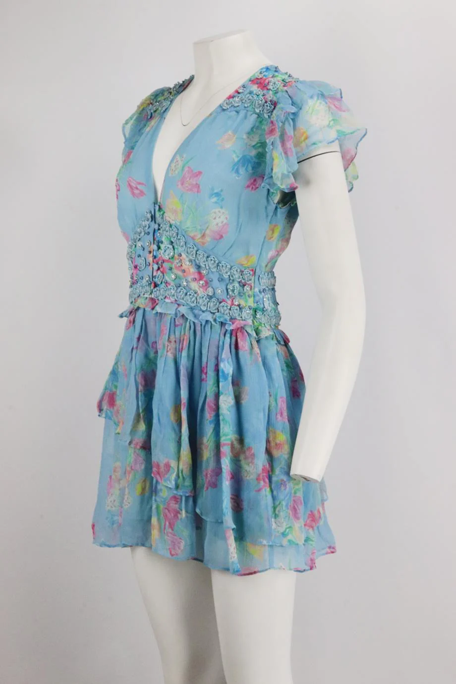 LOVESHACKFANCY EMBELLISHED FLORAL PRINT CREPON MINI DRESS US 6 UK 10 - Image 3