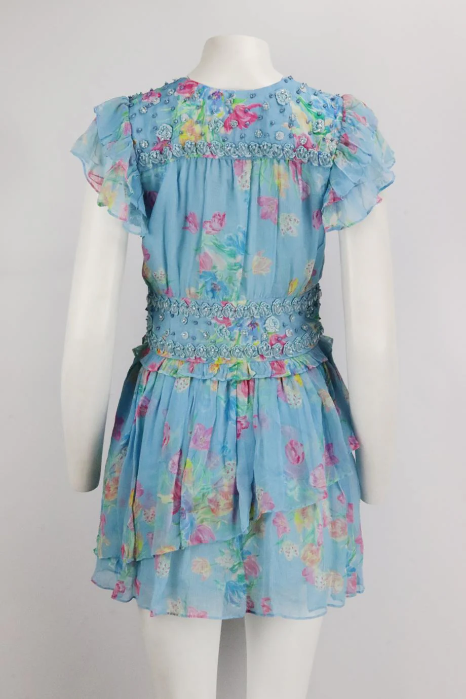 LOVESHACKFANCY EMBELLISHED FLORAL PRINT CREPON MINI DRESS US 6 UK 10 - Image 4