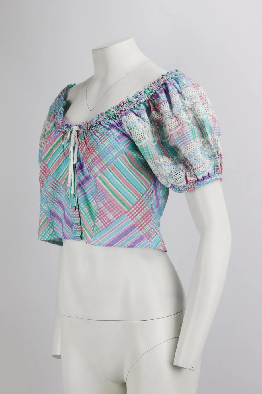 LOVESHACKFANCY OFF THE SHOULDER CROPPED CHECKED COTTON TOP US 6 UK 10 - Image 3