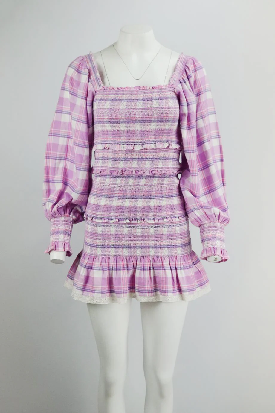 LOVESHACKFANCY SMOCKED CHECKED COTTON MINI DRESS SMALL - Image 2