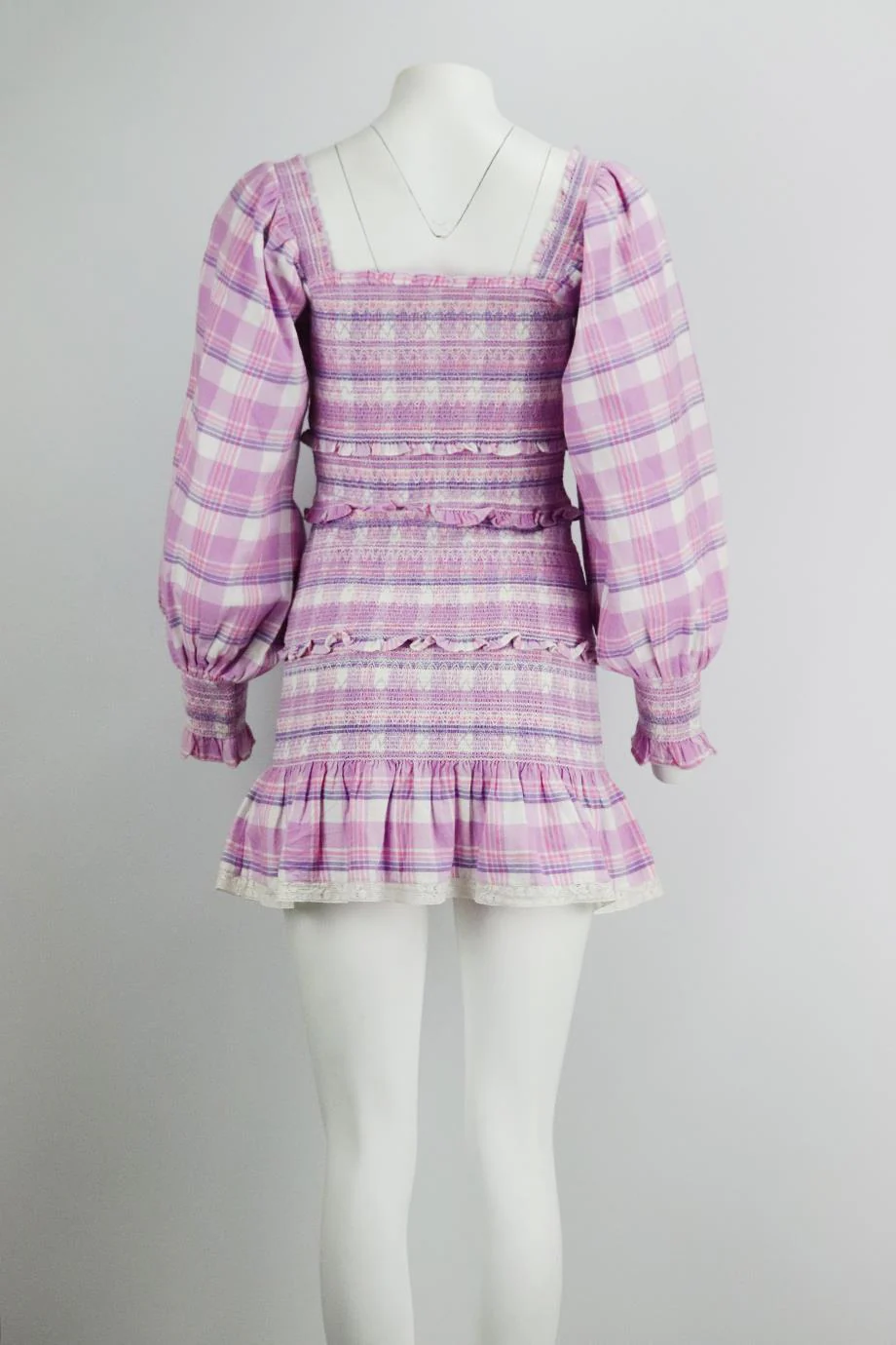 LOVESHACKFANCY SMOCKED CHECKED COTTON MINI DRESS SMALL - Image 4