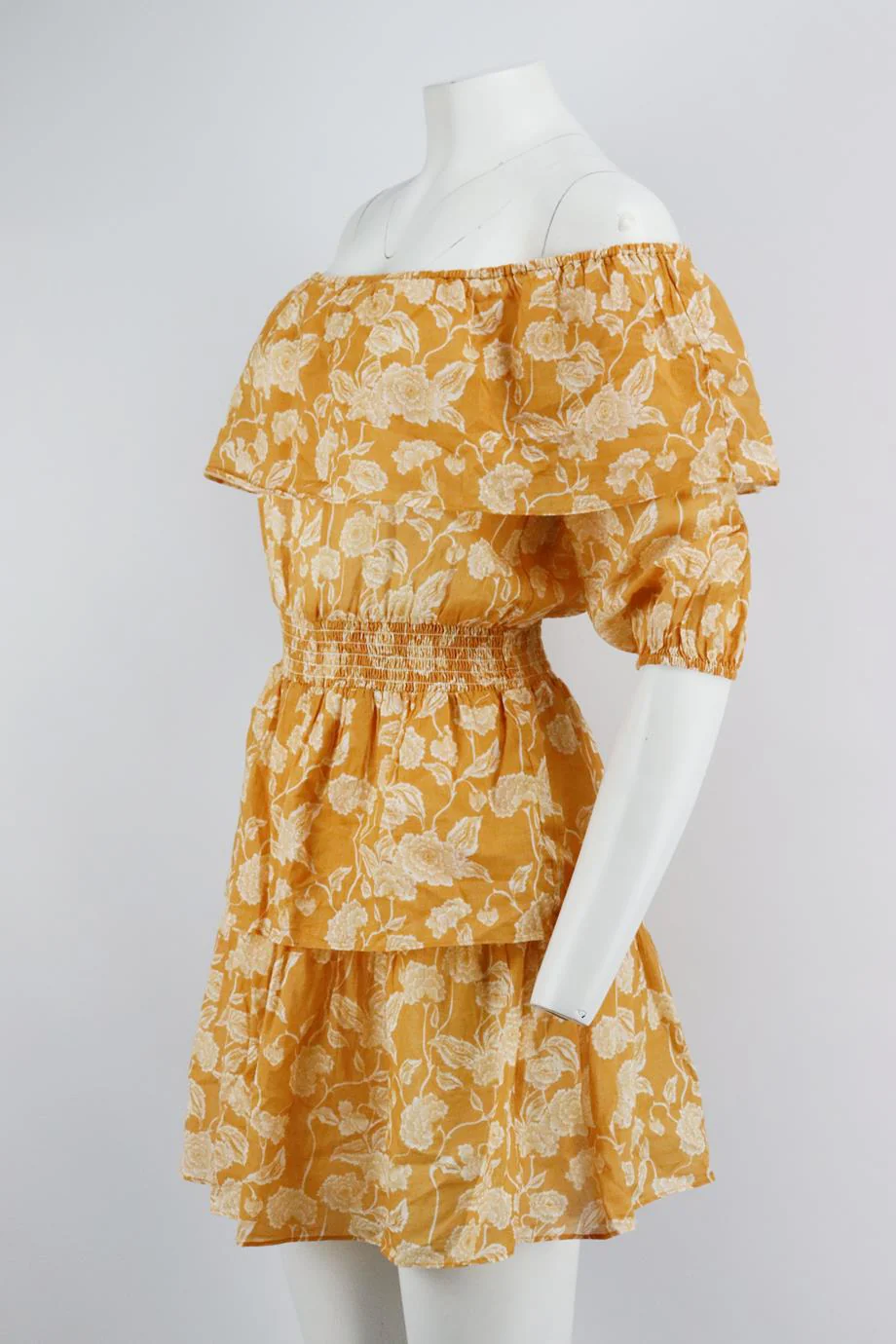 MIGUELINA OFF THE SHOULDER SHIRRED FLORAL PRINT COTTON MINI DRESS SMALL - Image 3