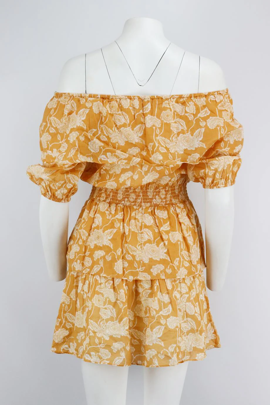 MIGUELINA OFF THE SHOULDER SHIRRED FLORAL PRINT COTTON MINI DRESS SMALL - Image 4