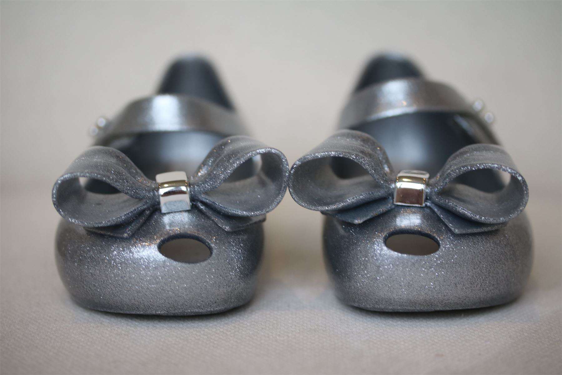 MINI MELISSA GIRLS SILVER ULTRAGIRL BOW GLITTER JELLY SHOES EU 24 UK 7 - Image 2