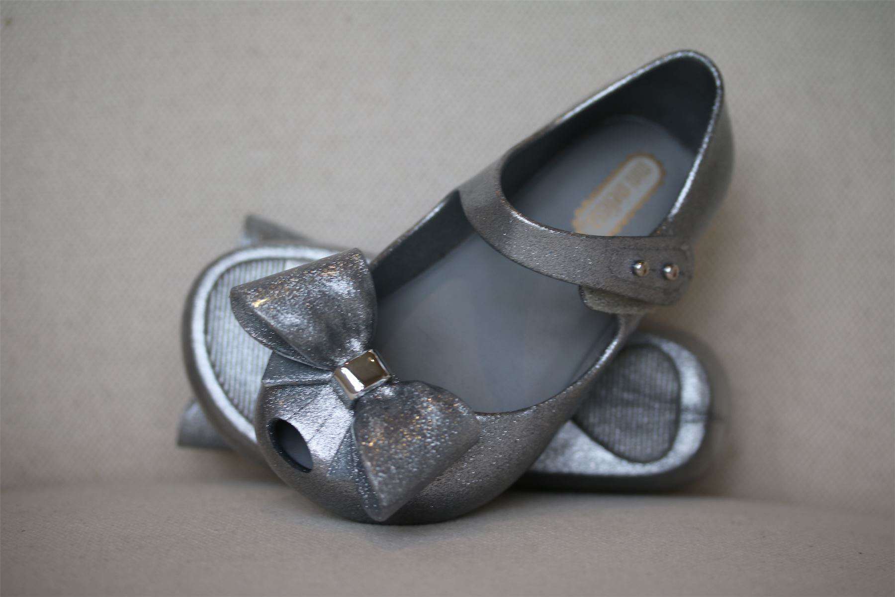 MINI MELISSA GIRLS SILVER ULTRAGIRL BOW GLITTER JELLY SHOES EU 24 UK 7 - Image 4