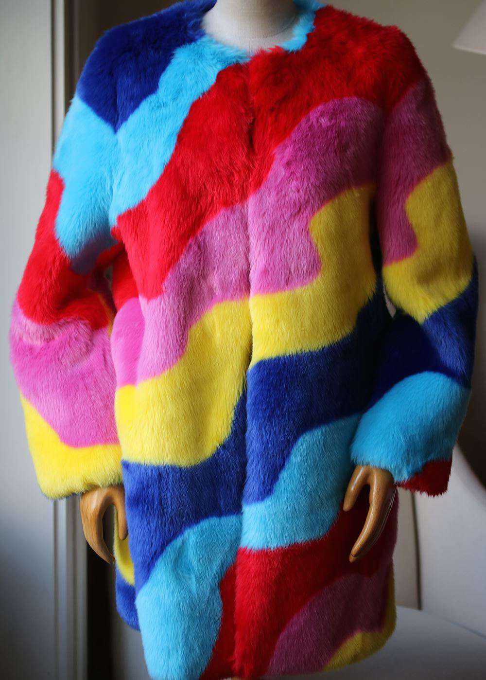 MIRA MIKATI RAINBOW WAVE STRIPED FAUX FUR COAT US 6 UK 10 - Image 3