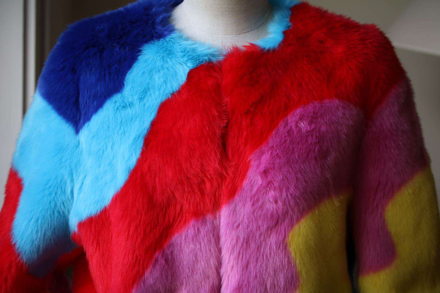 MIRA MIKATI RAINBOW WAVE STRIPED FAUX FUR COAT US 6 UK 10 - Image 4