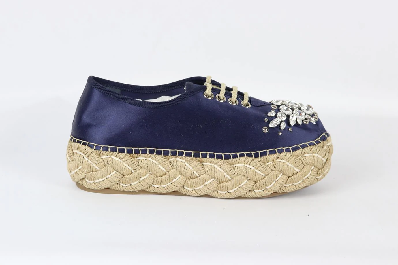 MIU MIU CRYSTAL EMBELLISHED SATIN PLATFORM ESPADRILLES EU 38.5 UK 5.5 US 8.5 - Image 2