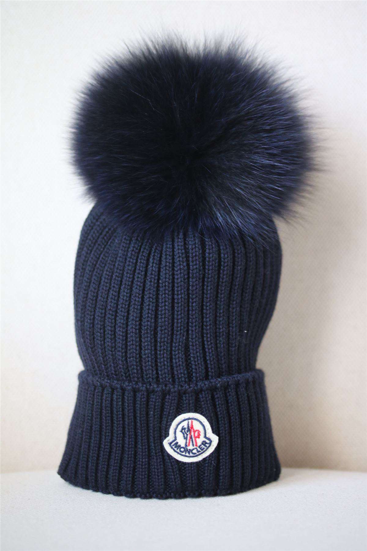 MONCLER KIDS NAVY BLUE WOOL HAT WITH FUR POM POM M 6-8 YEARS - Image 3