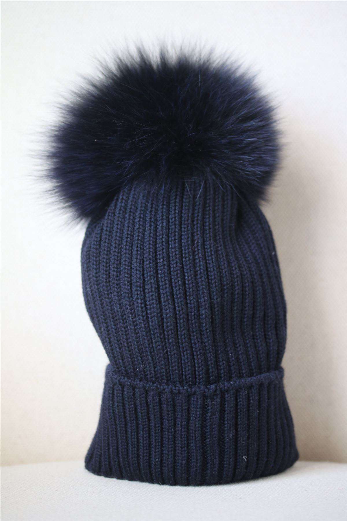MONCLER KIDS NAVY BLUE WOOL HAT WITH FUR POM POM S 4-6 YEARS - Image 3