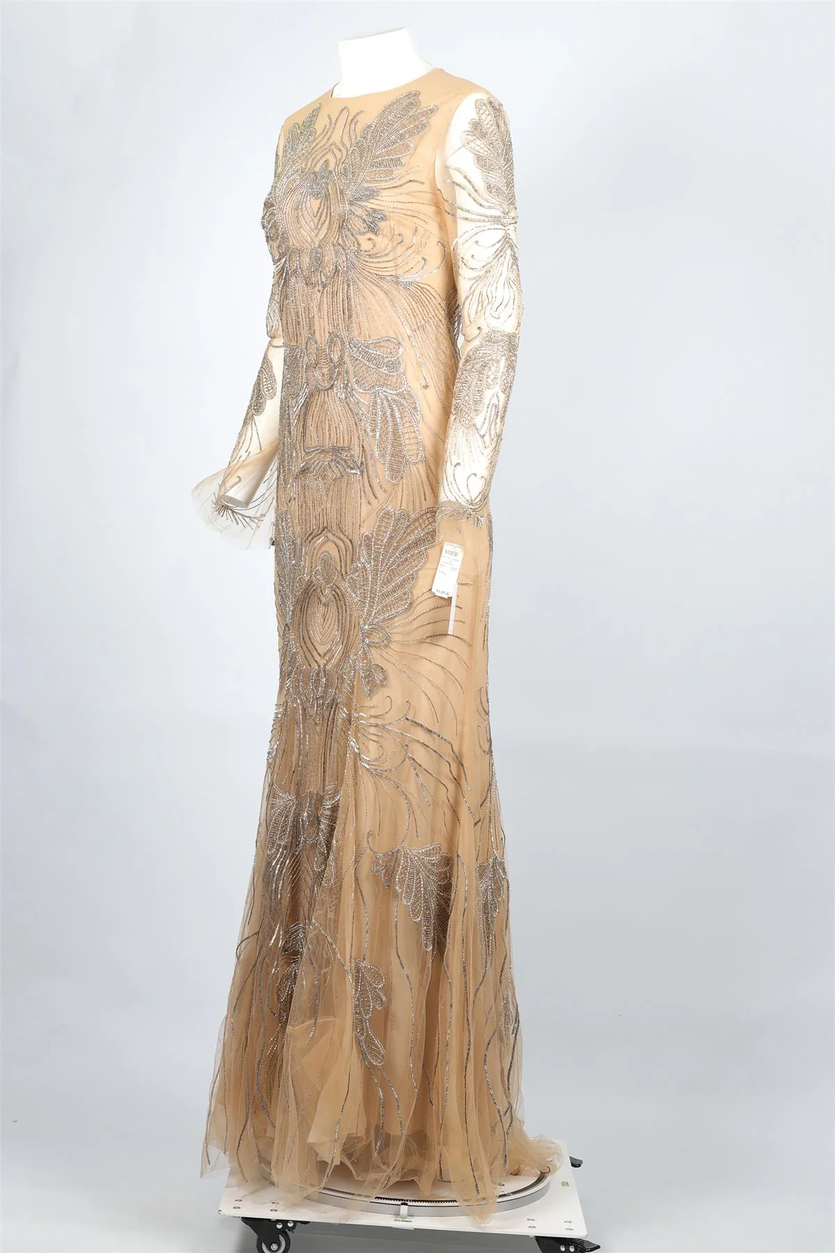MONIQUE LHUILLIER TAN BEAD AND TULLE MAXI DRESS US 8 UK 12 - Image 3
