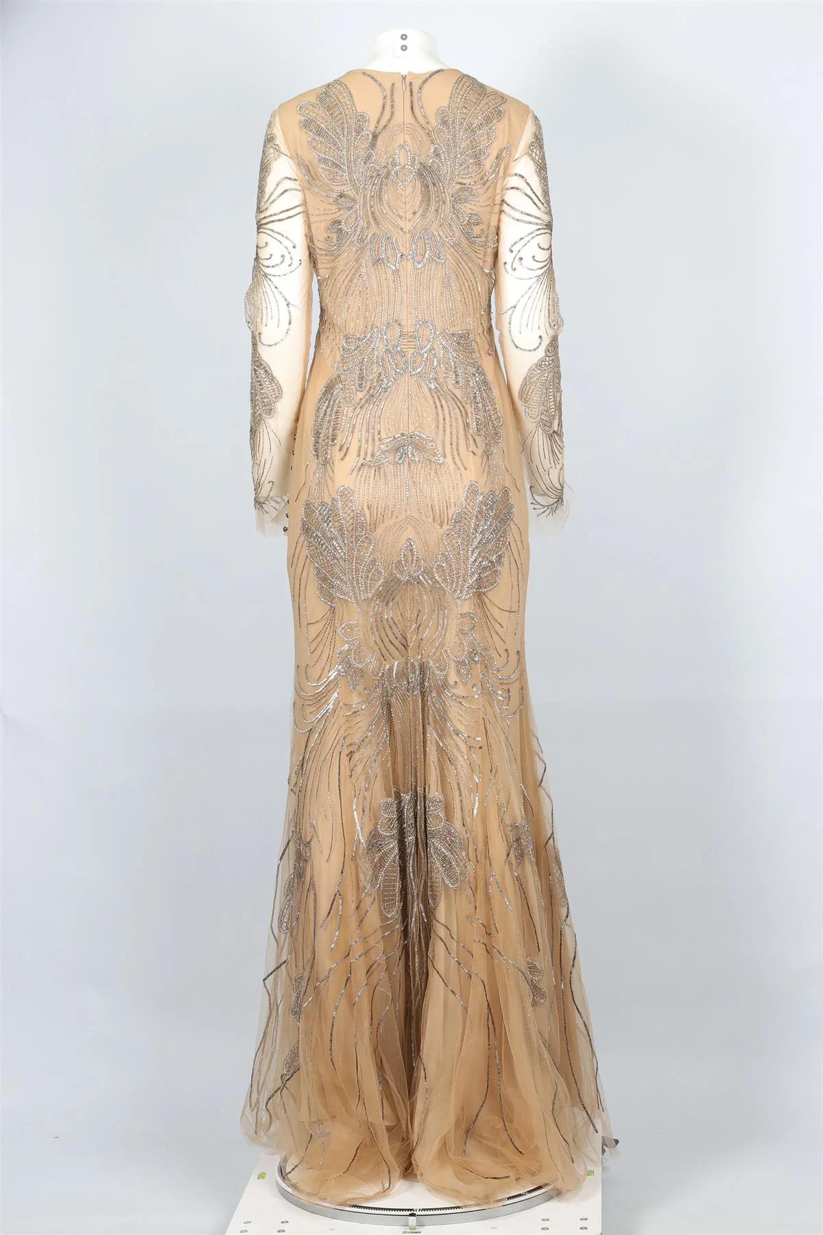 MONIQUE LHUILLIER TAN BEAD AND TULLE MAXI DRESS US 8 UK 12 - Image 4