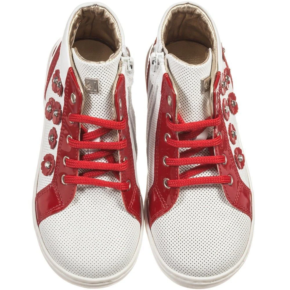 MONNALISA BABY GIRLS RED WHITE FLORAL LEATHER TRAINERS EU 22 UK 5 - Image 3