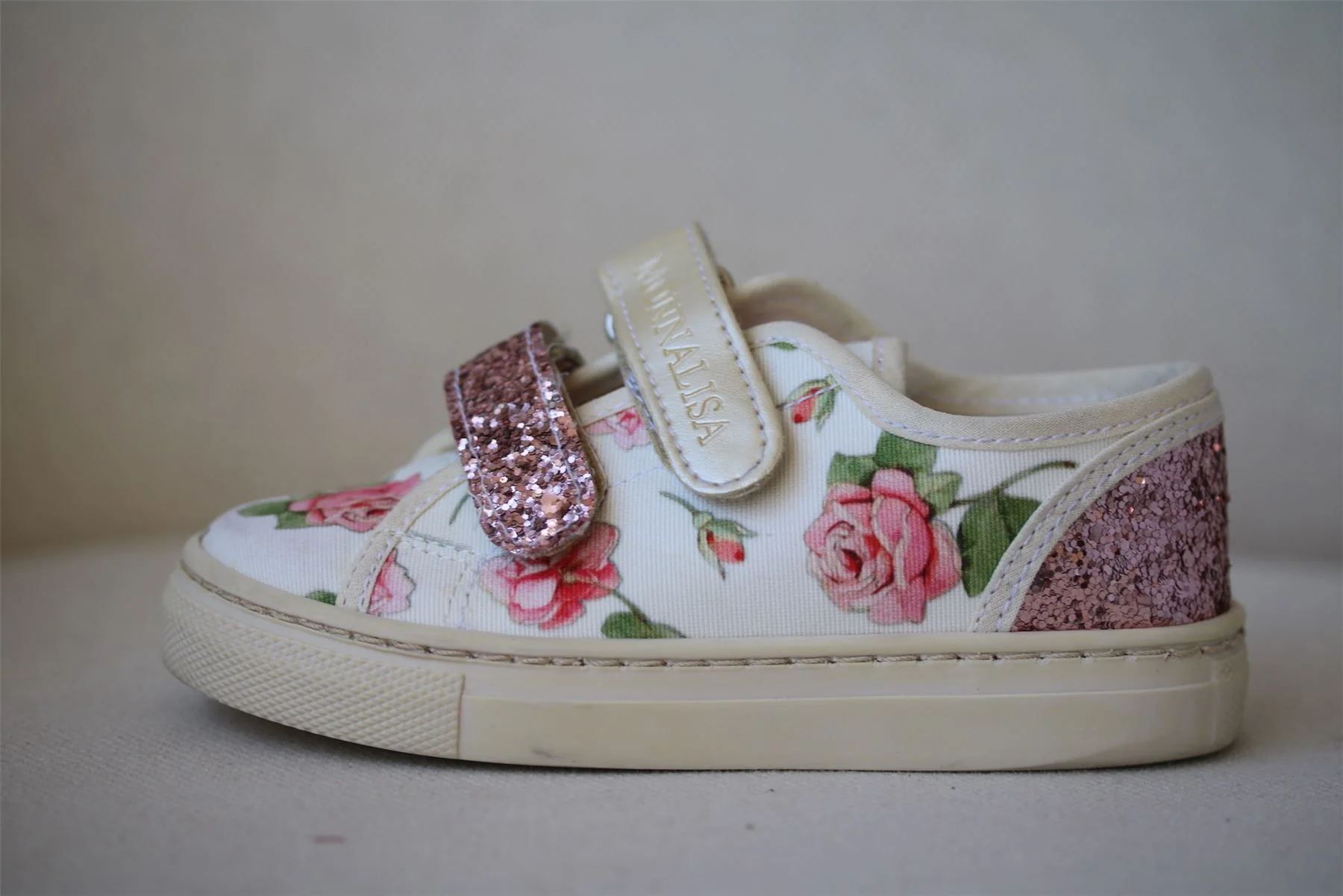 MONNALISA GIRLS PINK FLORAL CANVAS & GLITTER TRAINERS EU 24 UK 7 - Image 2