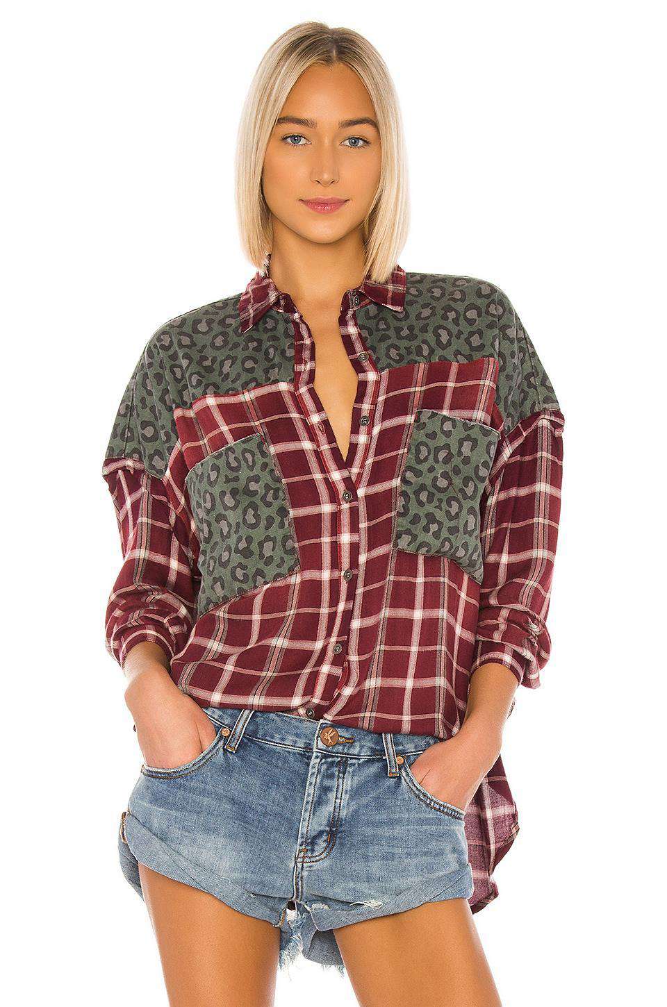 ONE TEASPOON MOTLEY LEOPARD PRINT AND PLAID COTTON SHIRT MEDIUM