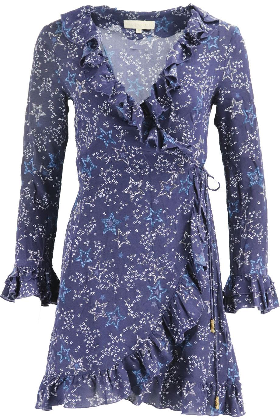 PALMOMA BLUE RUFFLED PRINTED SILK WRAP DRESS MEDIUM