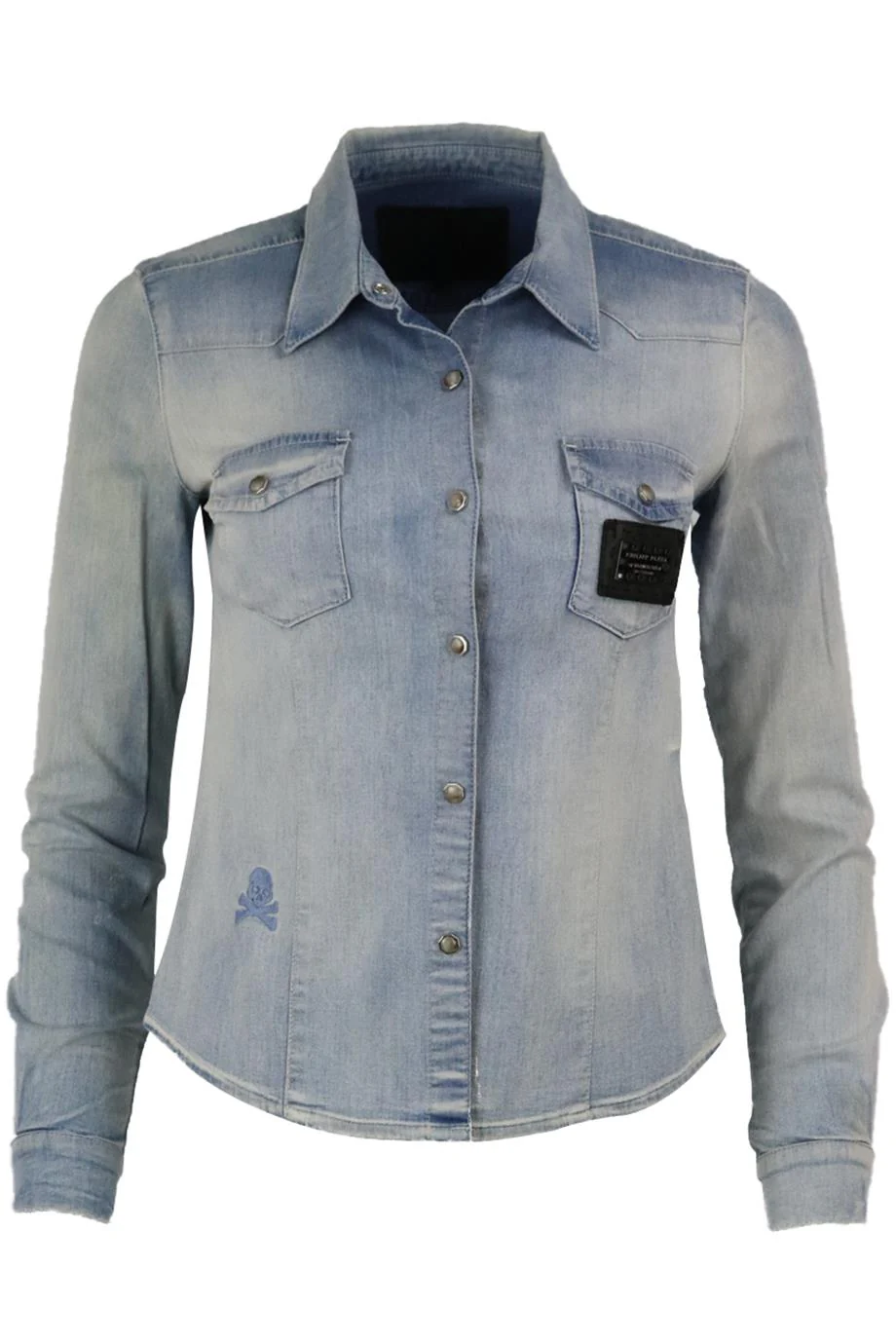 PHILIPP PLEIN EMBELLISHED STRETCH DENIM SHIRT SMALL