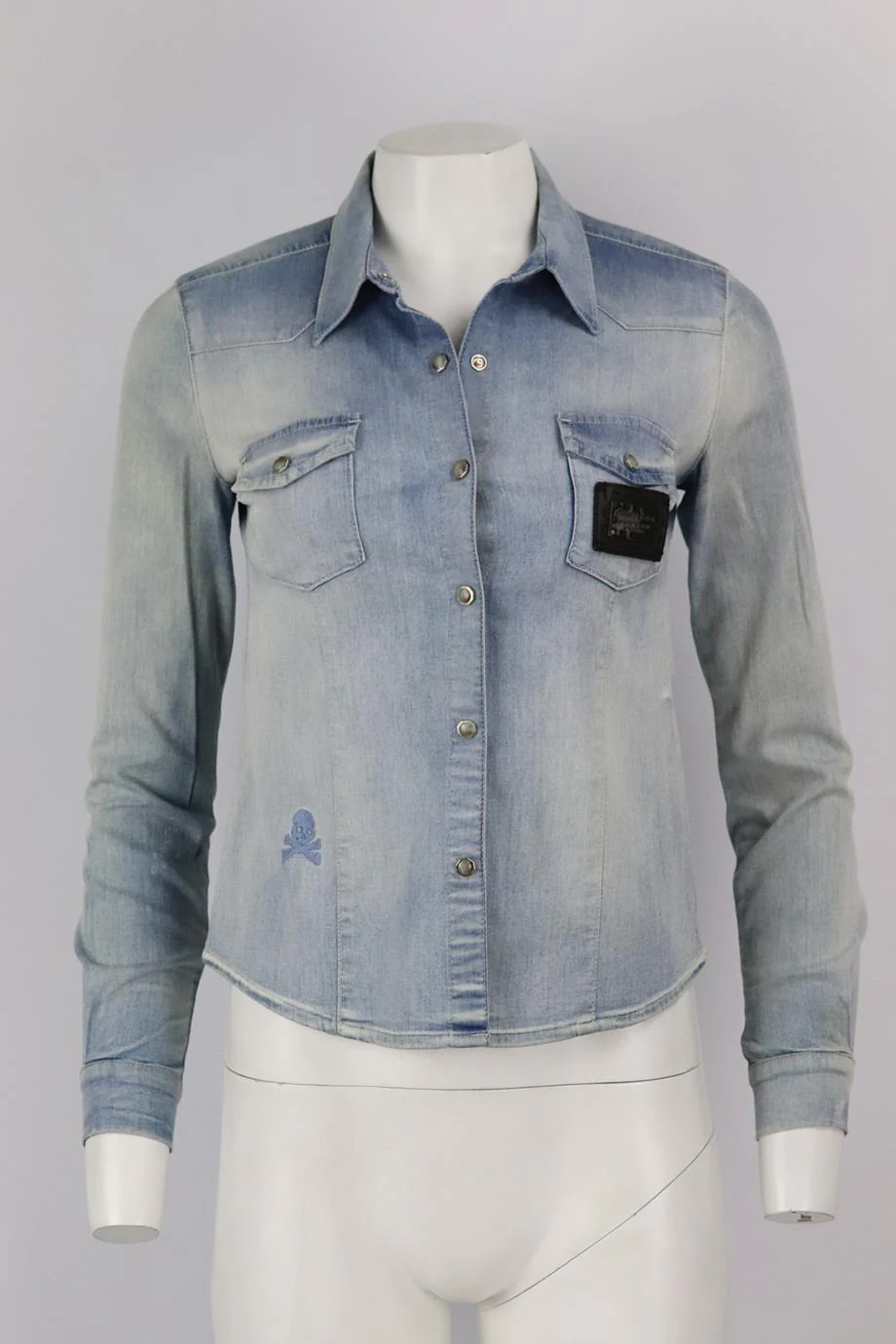 PHILIPP PLEIN EMBELLISHED STRETCH DENIM SHIRT SMALL - Image 2