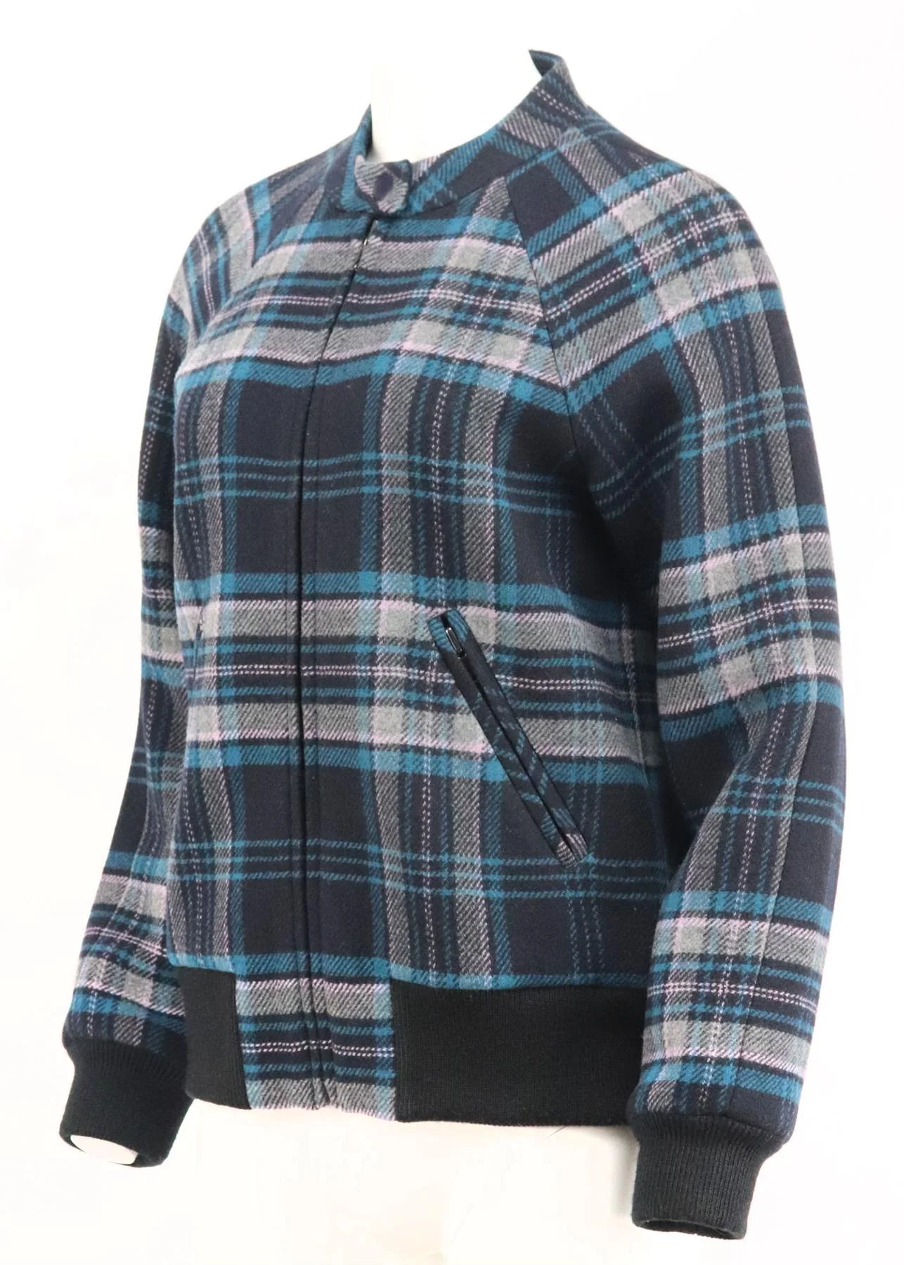 REBECCA TAYLOR CHECKED WOOL BLEND BOMBER JACKET LARGE - Image 3