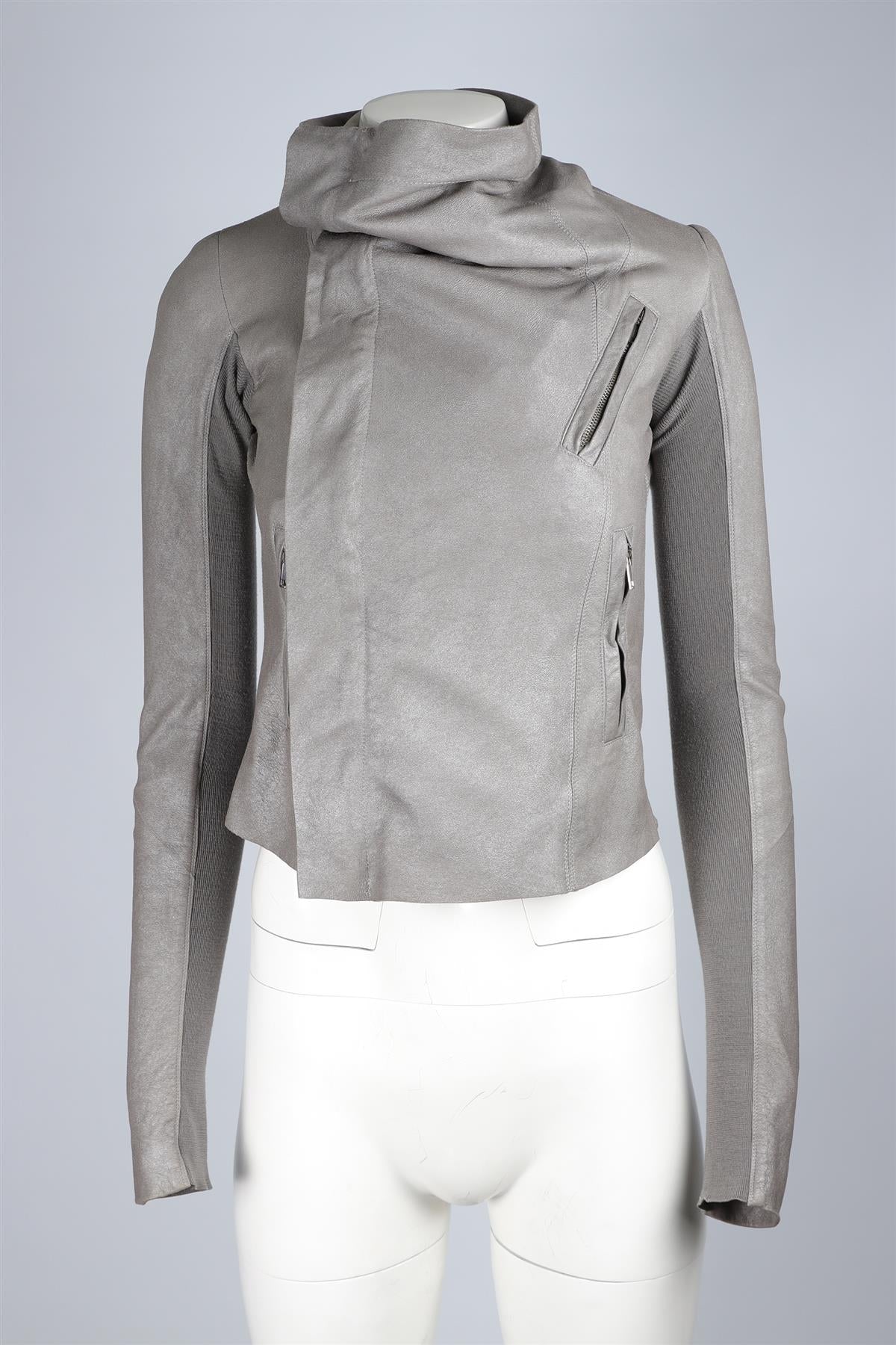 RICK OWENS GREY LEATHER JACKET IT 38 UK 6 - Image 2