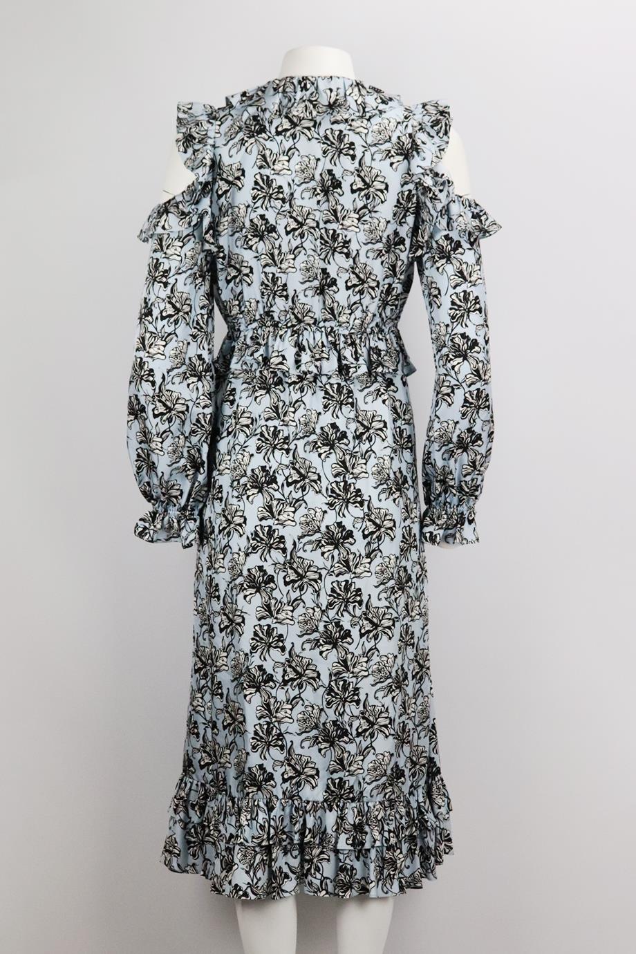 ROBERT RODRIGUEZ COLD SHOULDER RUFFLED FLORAL PRINT SILK MIDI DRESS US 8 UK 12 - Image 3