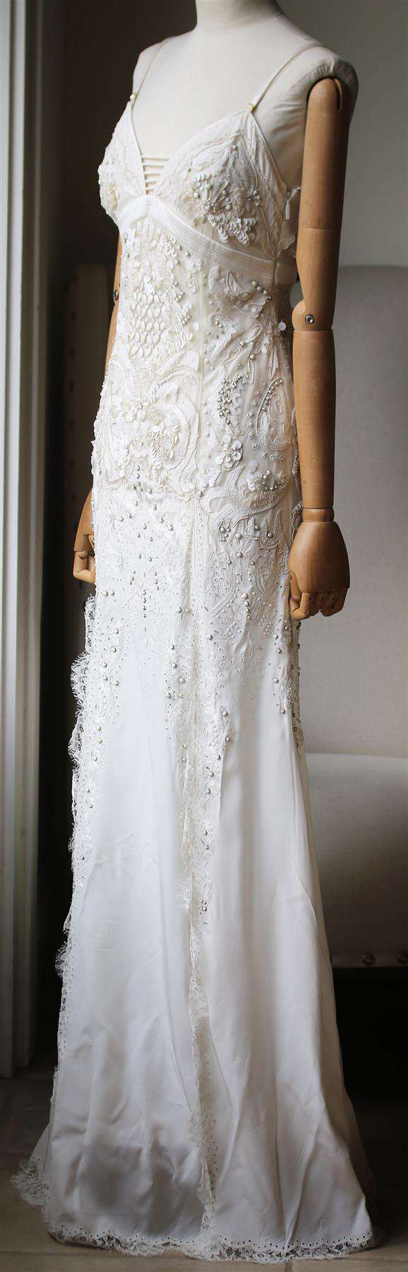 ROBERTO CAVALLI LACE TRIMMED EMBELLISHED WASHED SILK GOWN IT 42 UK 10 - Image 3