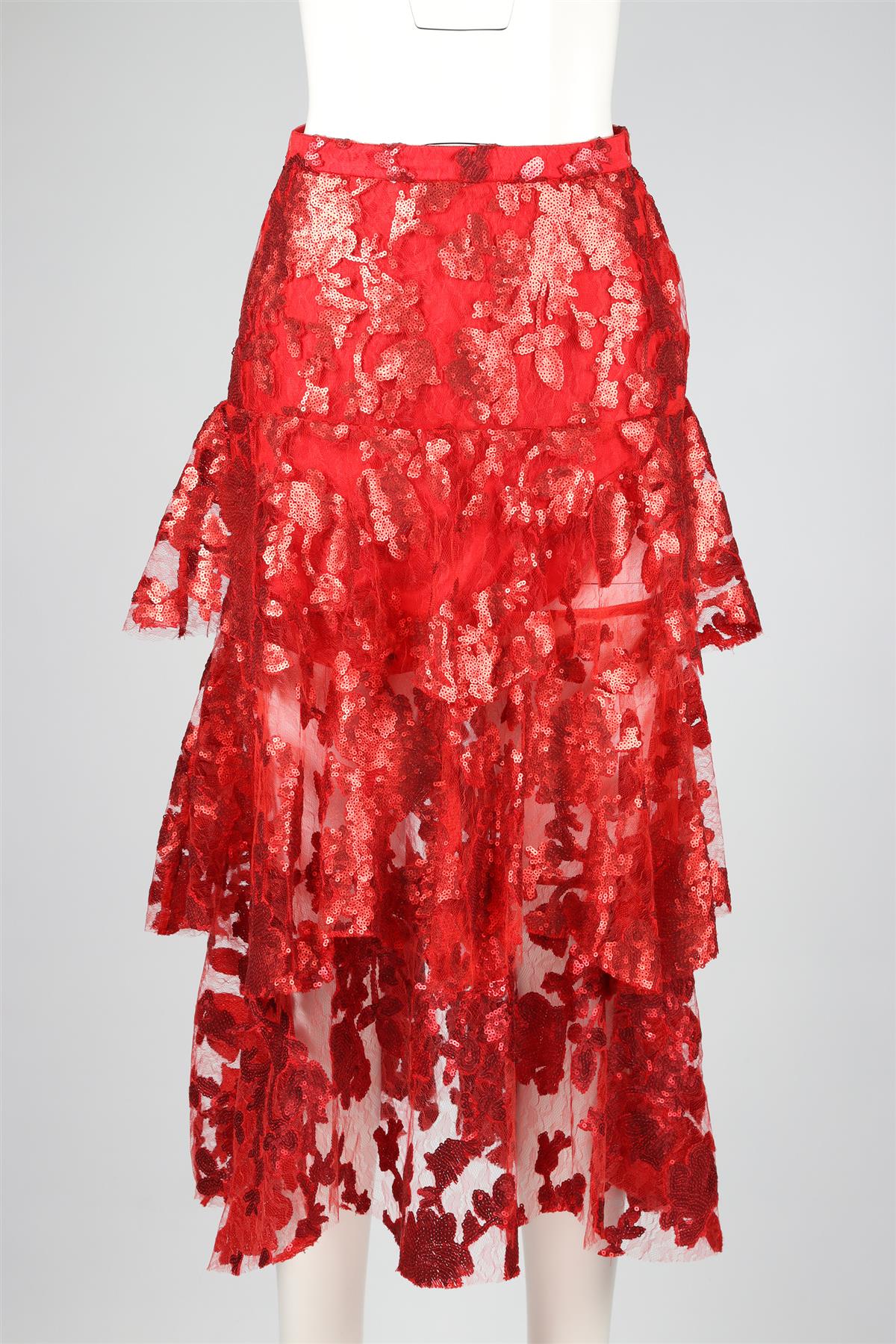 RODARTE RED SEQUIN AND LACE MIDI SKIRT US 6 UK 10 - Image 2