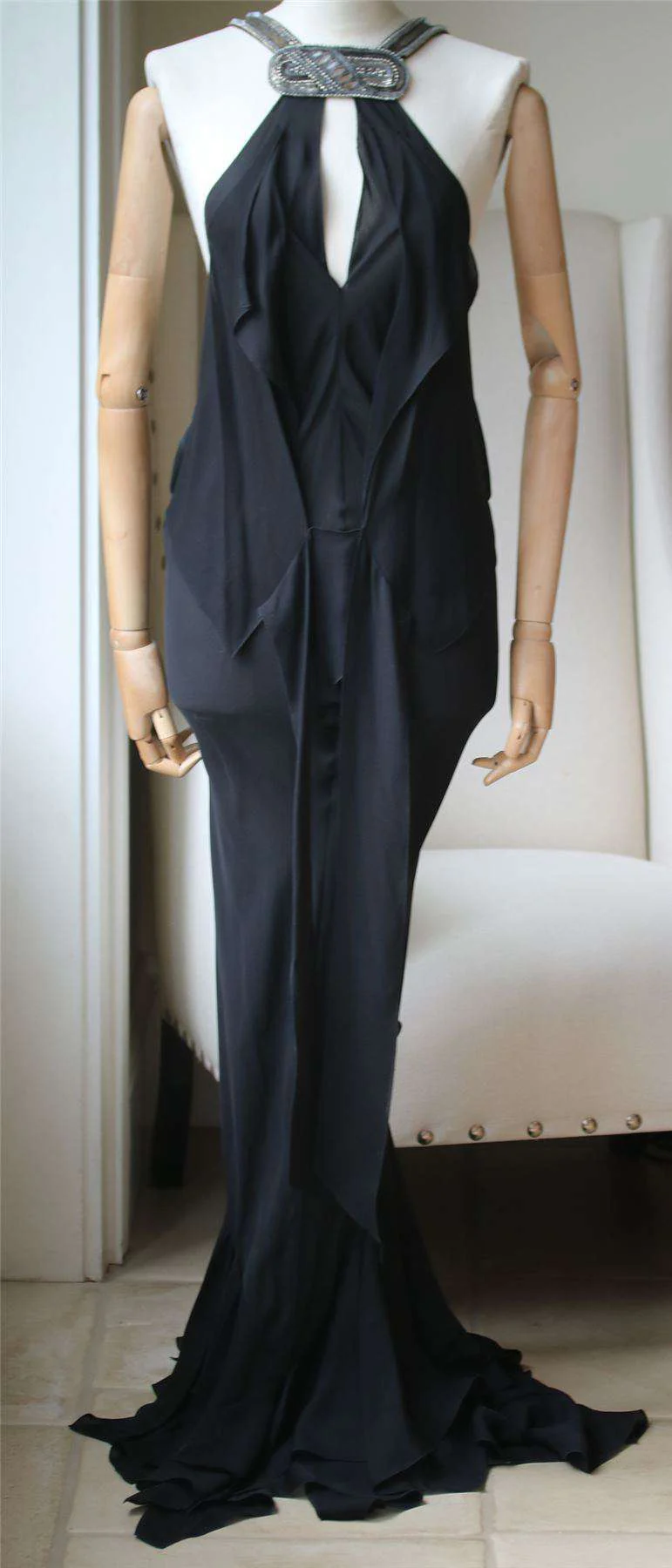 ROLAND MOURET ROSETTE HALTER-NECK SILK EMBELLISHED GOWN UK 8 - Image 3