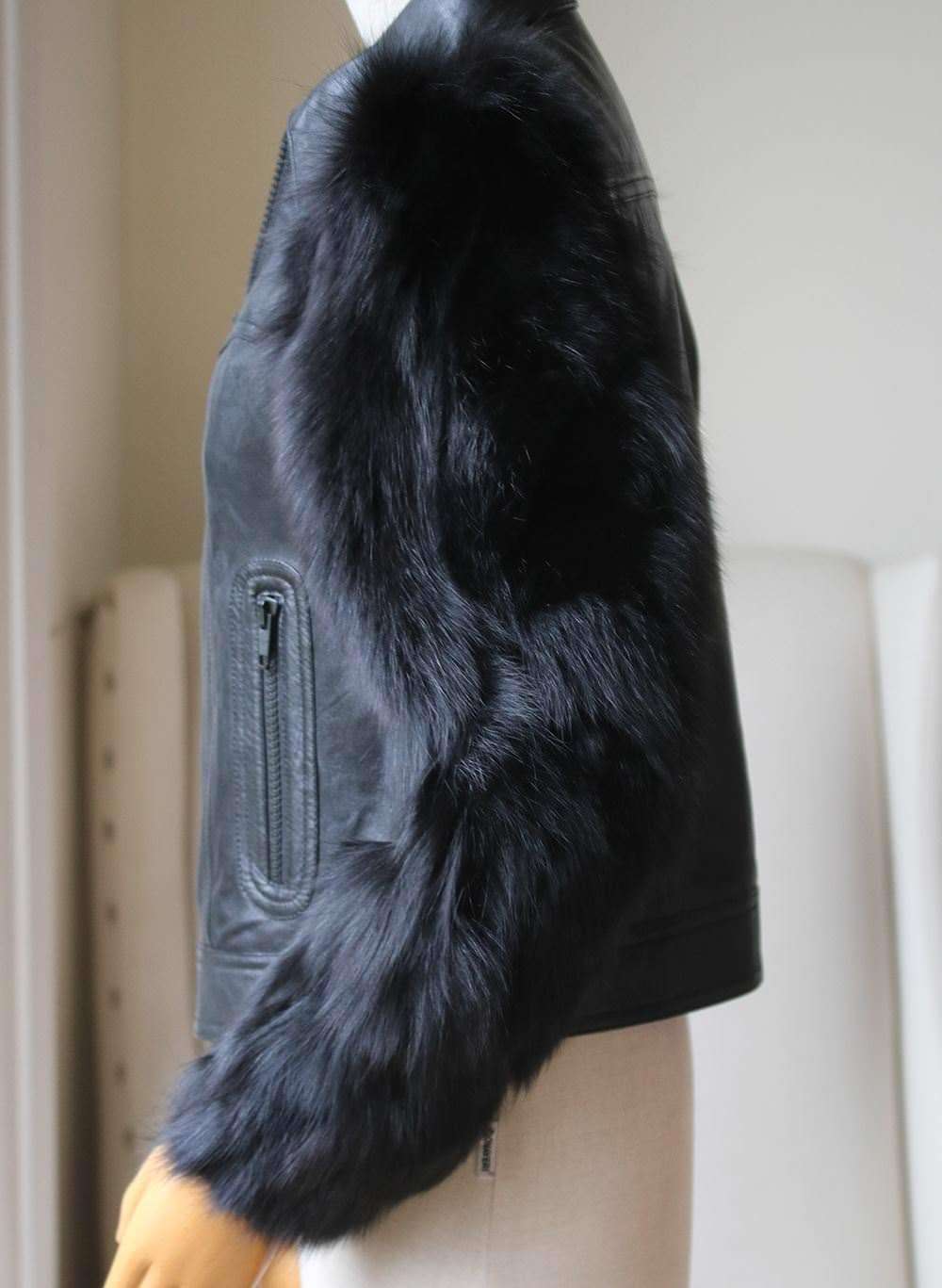 SAINT LAURENT FOX FUR SLEEVES LEATHER JACKET FR 40 UK 12 - Image 3