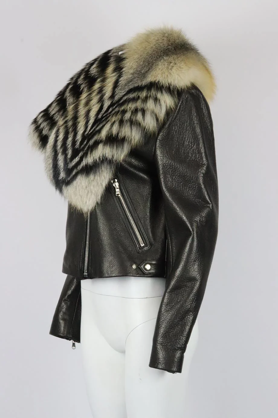 SALLY LAPOINTE FAUX FUR TRIMMED LEATHER BIKER JACKET US 8 UK 12 - Image 3