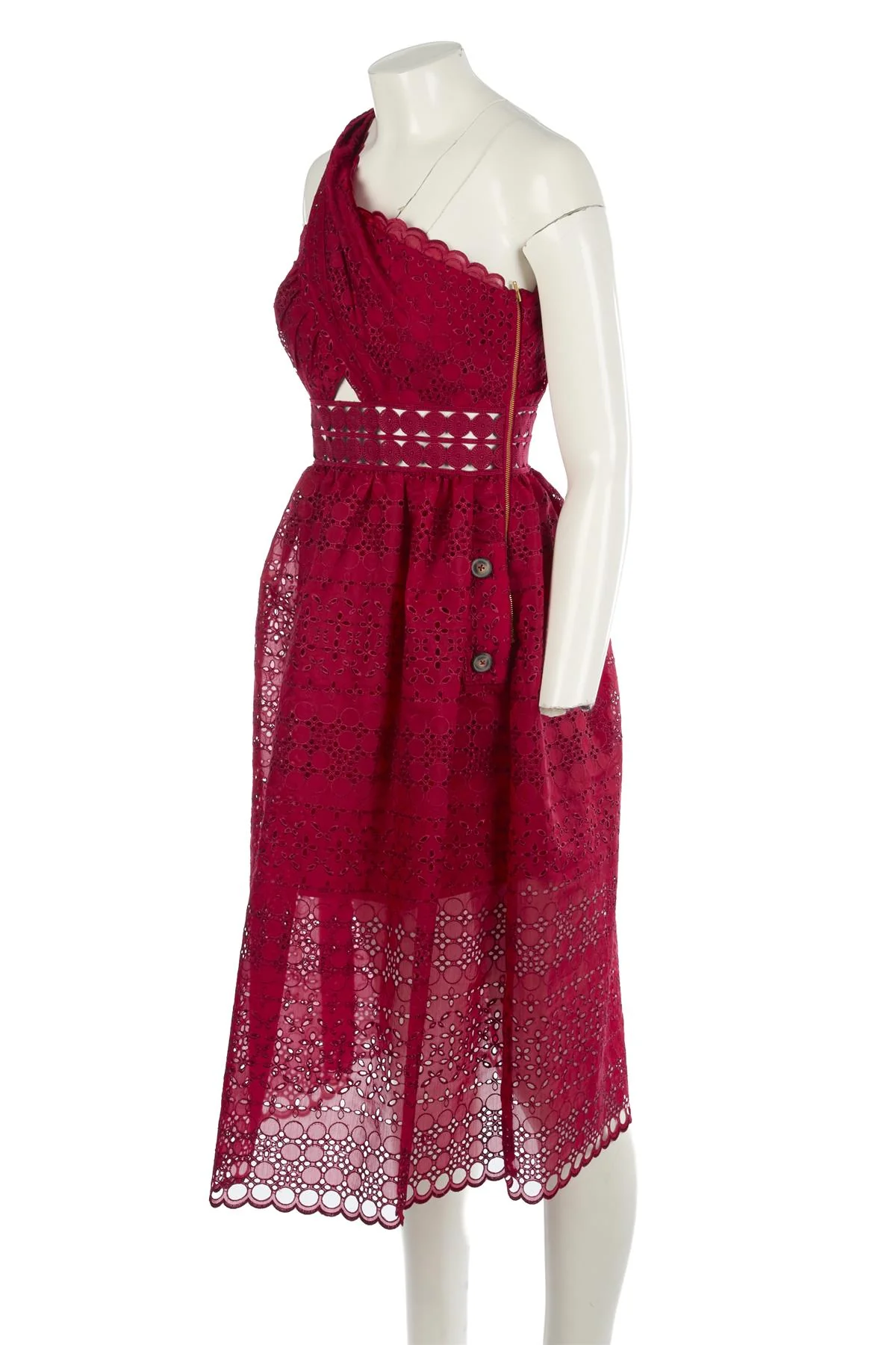 SELF-PORTRAIT BURGUNDY BRODERIE ANGLAISE MIDI DRESS UK 10 - Image 3