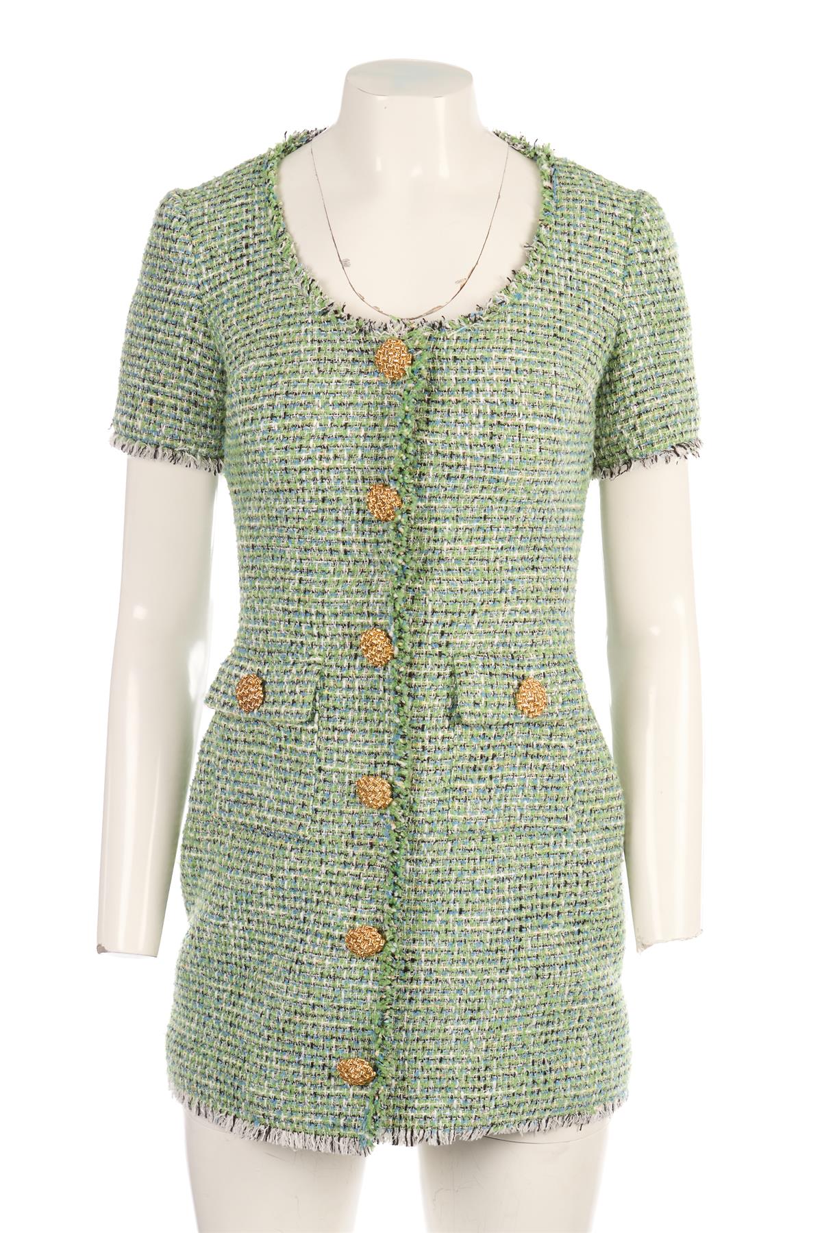 SELF-PORTRAIT GREEN TWEED MINI DRESS UK 6 - Image 2