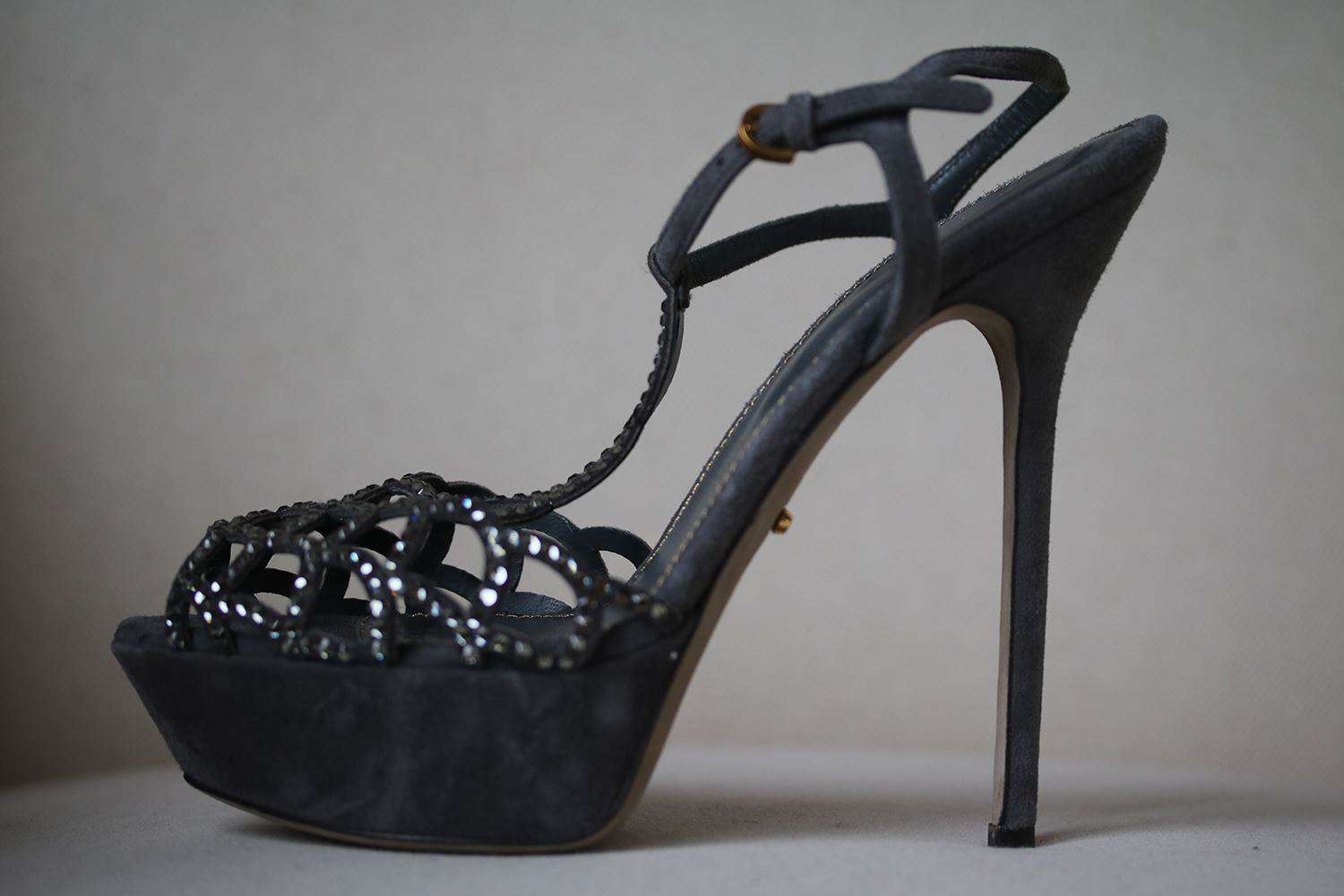 SERGIO ROSSI SCALLOPED CRYSTAL T-STRAP PLATFORM HEELS EU 38 UK 5 US 8 - Image 4
