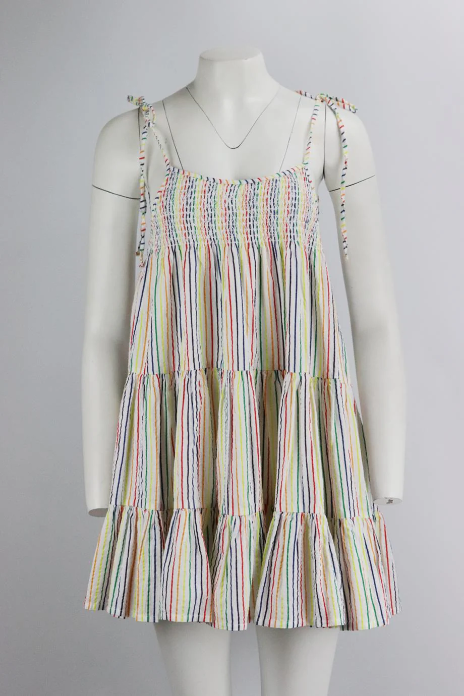 SOLID AND STRIPED TIERED STRIPED COTTON MINI DRESS SMALL - Image 2