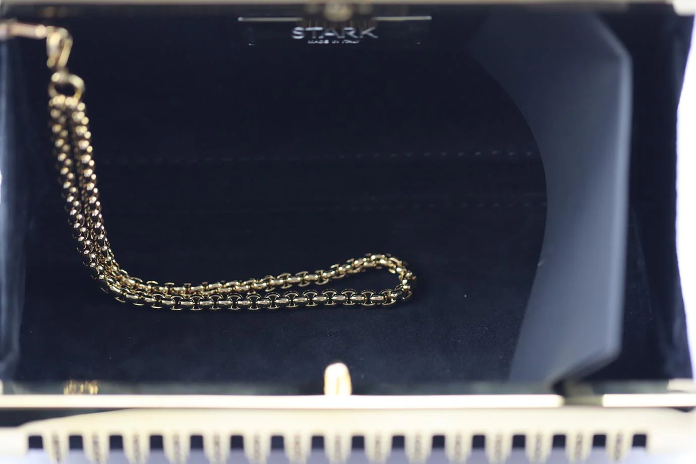 STARK CRYSTAL EMBELLISHED SUEDE AND GOLD TONE CLUTCH - Image 8