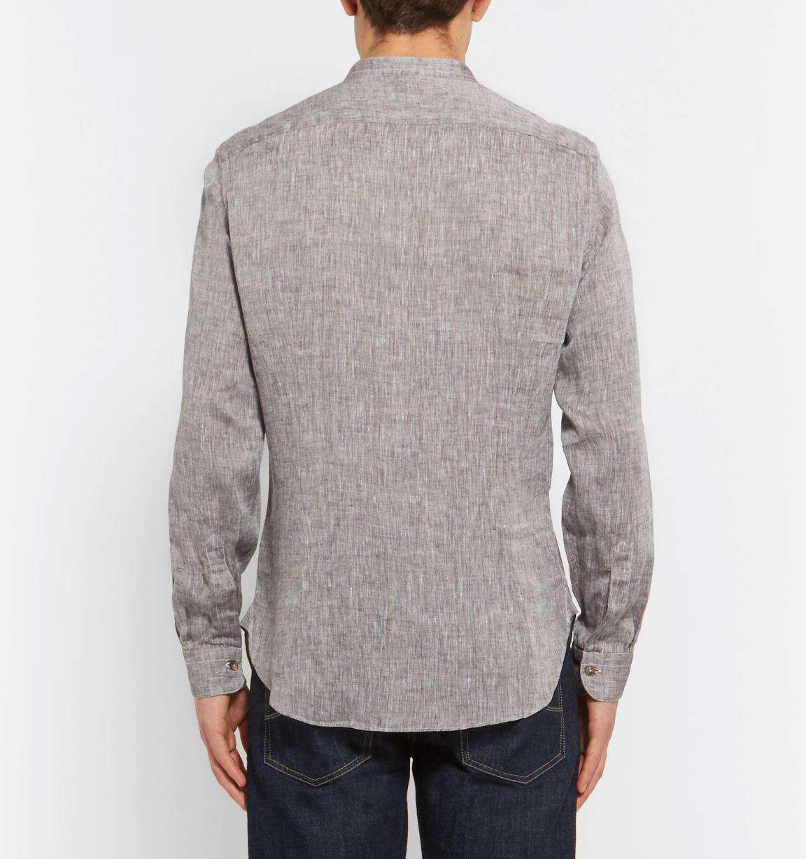 THOM SWEENEY NATURAL SLIM-FIT GRANDAD-COLLAR SLUB LINEN SHIRT LARGE - Image 2
