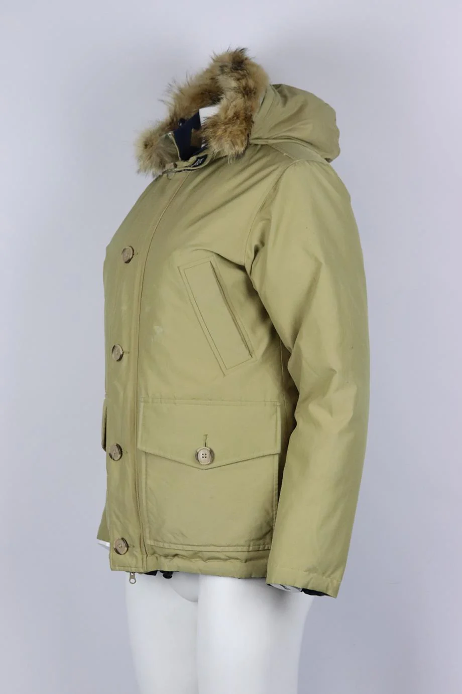 WOOLRICH HOODED REVERSIBLE FUR TRIMMED QUILTED SHELL DOWN JACKET SMALL - Image 3