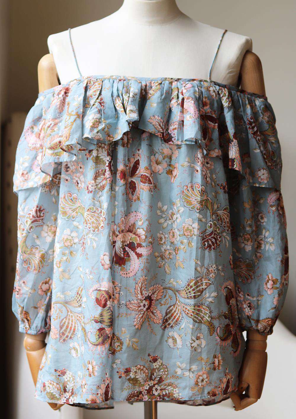 ZIMMERMANN PAVILION OFF THE SHOULDER PRINTED COTTON AND SILK BLEND TOP UK 8 - Image 2