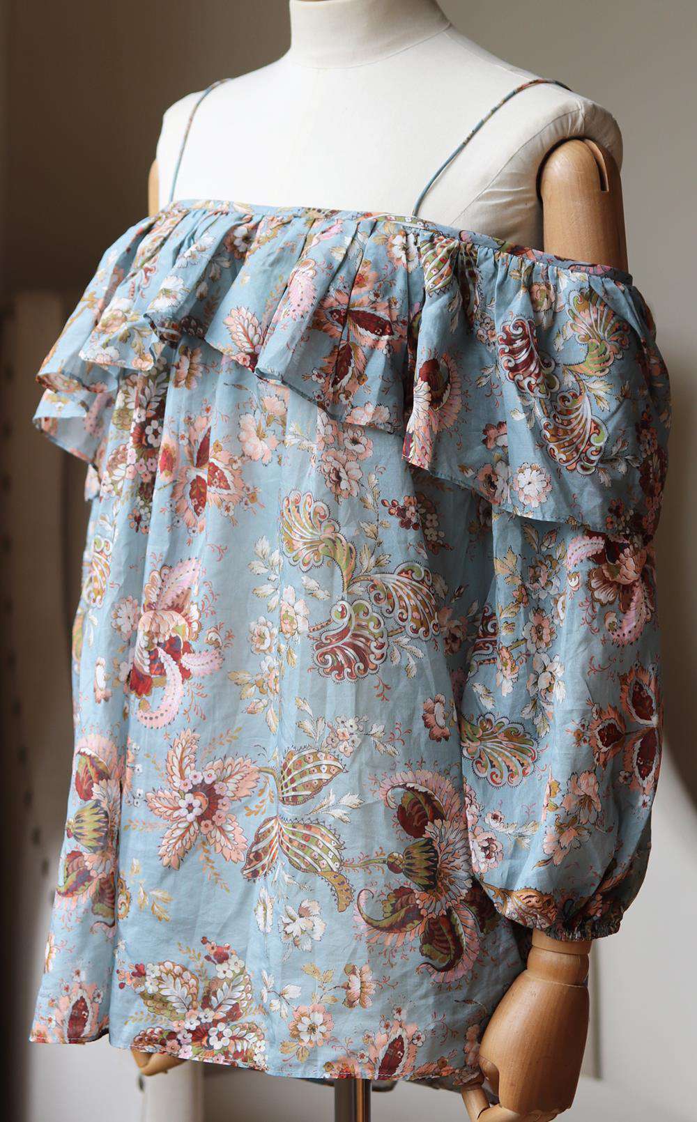 ZIMMERMANN PAVILION OFF THE SHOULDER PRINTED COTTON AND SILK BLEND TOP UK 8 - Image 3