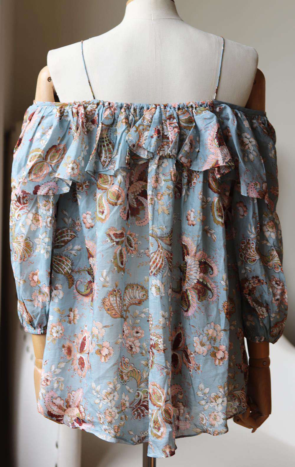 ZIMMERMANN PAVILION OFF THE SHOULDER PRINTED COTTON AND SILK BLEND TOP UK 8 - Image 4